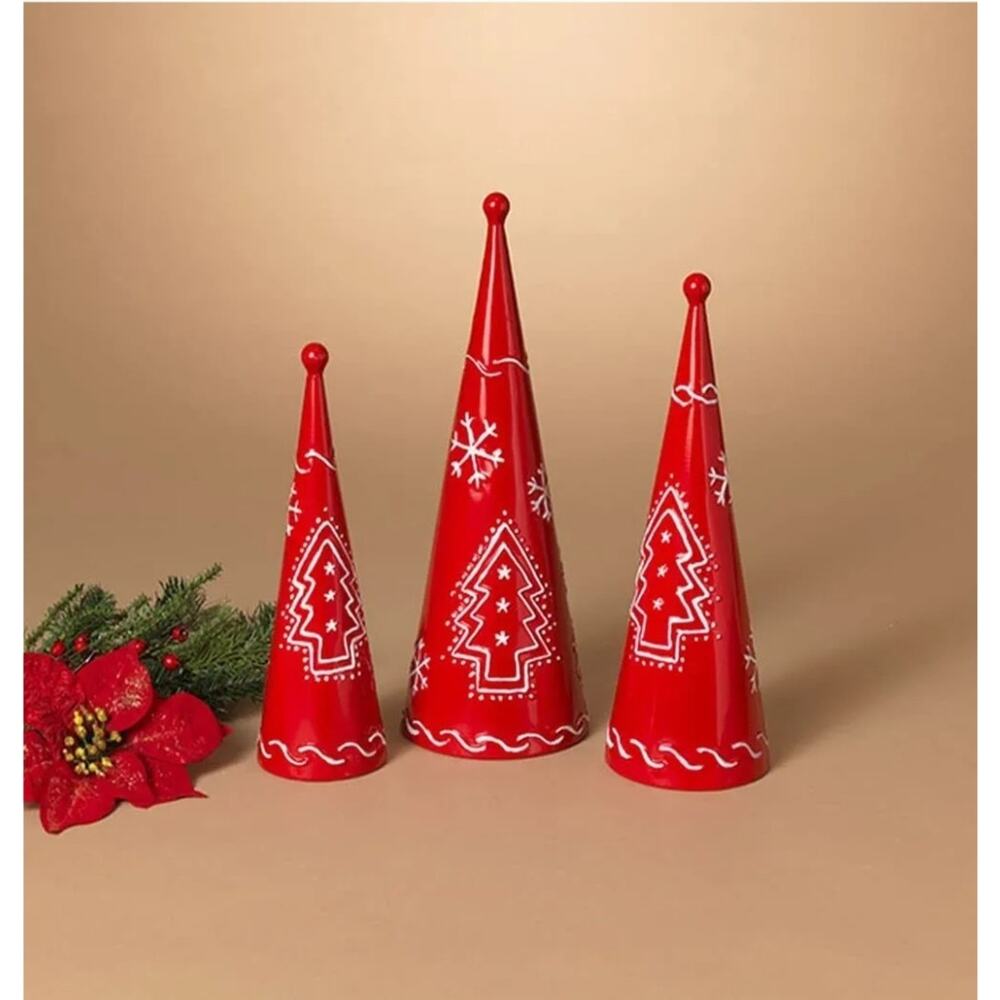 3 Gerson International Metal Holiday Cone Red Christmas Trees Large is 15.75"